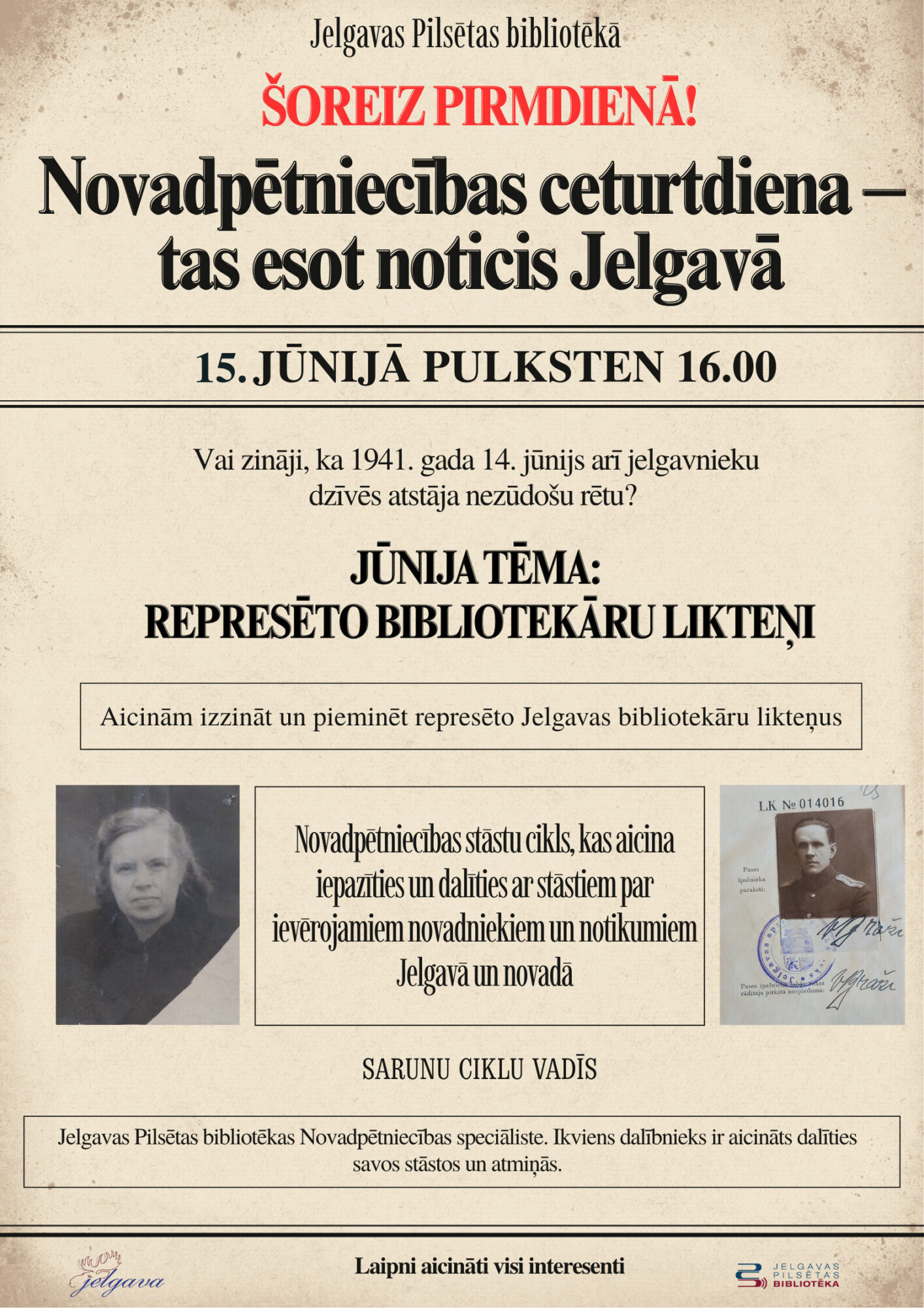 15. jūnijā – stāsti par represēto Jelgavas bibliotekāru likteņiem